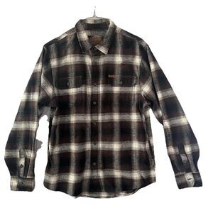 Orvis Flannel Shirt Men's Large Brown Plaid Button Down Heavyweight Shacket